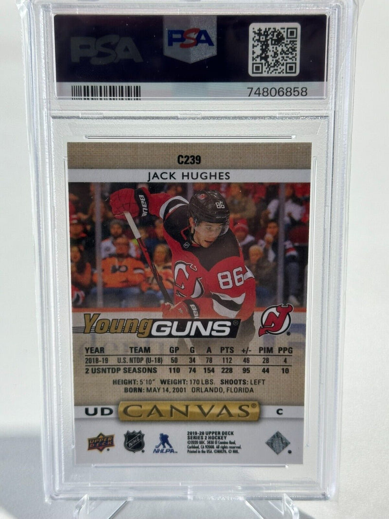 2019-20 Upper Deck UD Canvas Young Guns Jack Hughes Rookie PSA 9 - Cartes Sportives Rive Sud