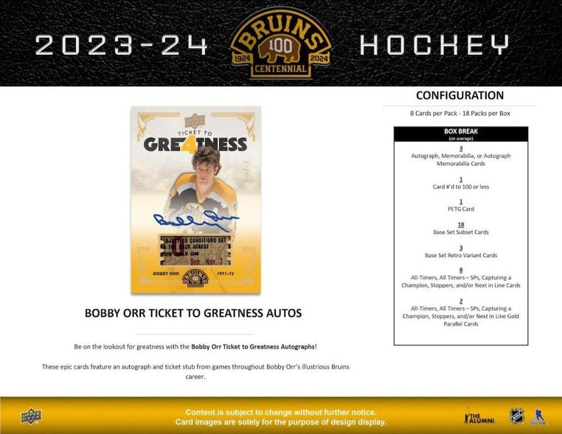 2023 - 24 Upper Deck Boston Bruins Centennial Hockey Hobby Box - Cartes Sportives Rive Sud