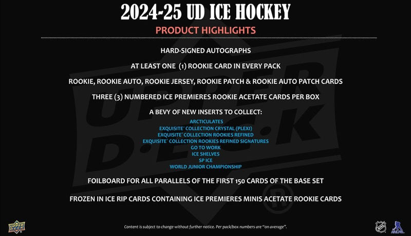 2024 - 25 Upper Deck Ice Hockey Hobby Box (Pre - Order) - Cartes Sportives Rive Sud