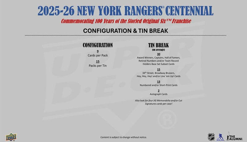 2025 - 26 Upper Deck New York Rangers Centennial Hobby Box (Pre Order) - Cartes Sportives Rive Sud