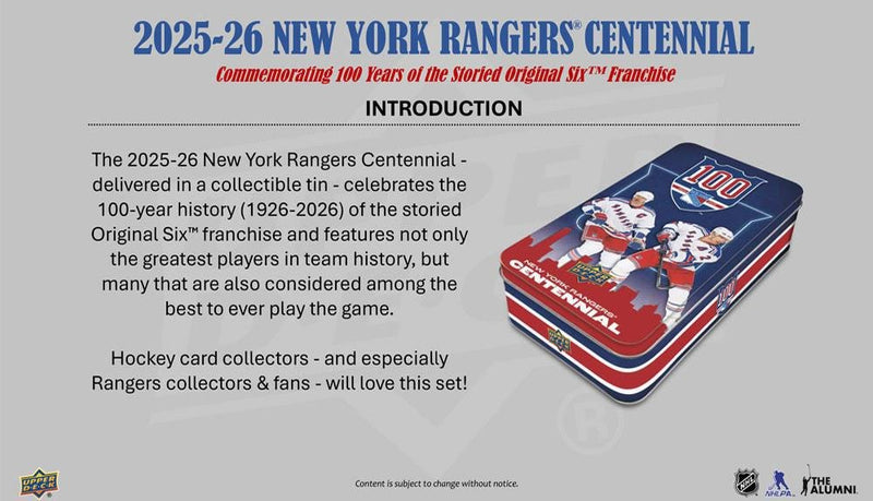 2025 - 26 Upper Deck New York Rangers Centennial Hobby Box (Pre Order) - Cartes Sportives Rive Sud