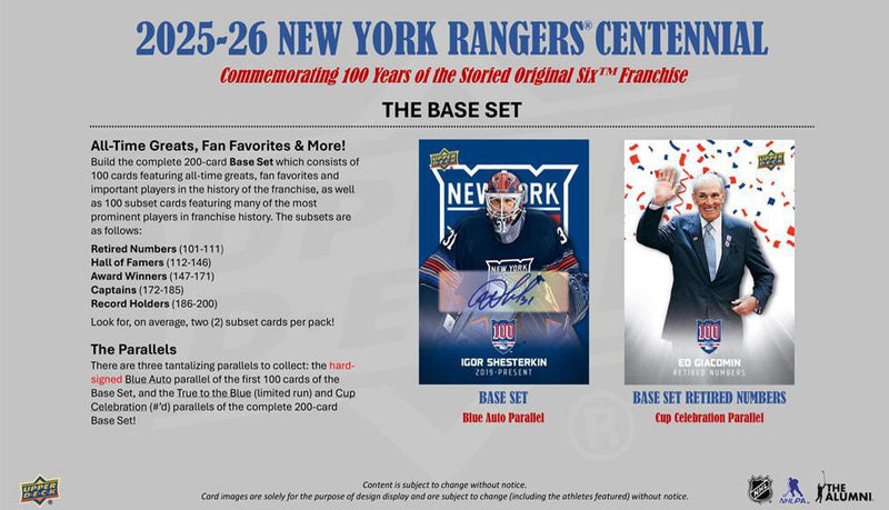 2025 - 26 Upper Deck New York Rangers Centennial Hobby Box (Pre Order) - Cartes Sportives Rive Sud