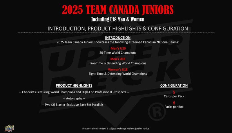2025 Upper Deck Team Canada Juniors Blaster Box (Pre - Order) - Cartes Sportives Rive Sud