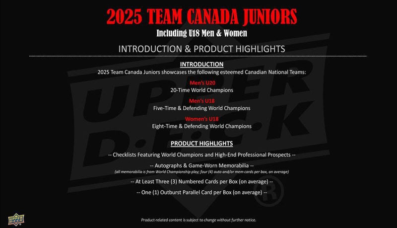 2025 Upper Deck Team Canada Juniors Hockey Hobby Box (Pre Order) - Cartes Sportives Rive Sud