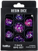 Set de 7 dés en résine violet/bleu éternel dans un emballage en boîte premium