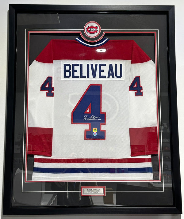 Jean Beliveau Hockey Jersey Frame Autographed Authenticated 43x35 - Cartes Sportives Rive Sud