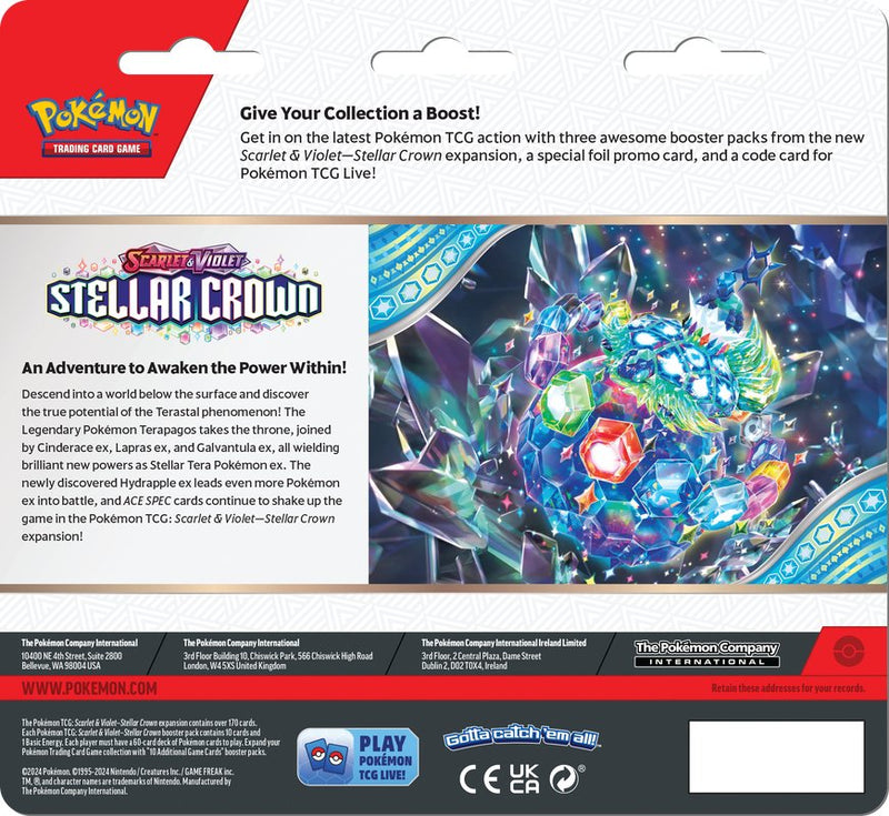 Pokemon SV7 Stellar Crown 3 Pack Blister (Pre - Order) - Cartes Sportives Rive Sud