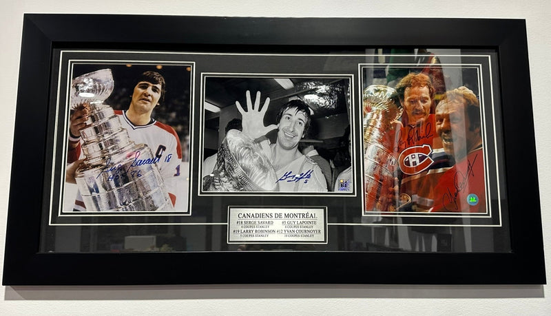 Savard/Robinson/Lapointe/Cournoyer Picture Frame Autographed Authenticated 33X17 - Cartes Sportives Rive Sud